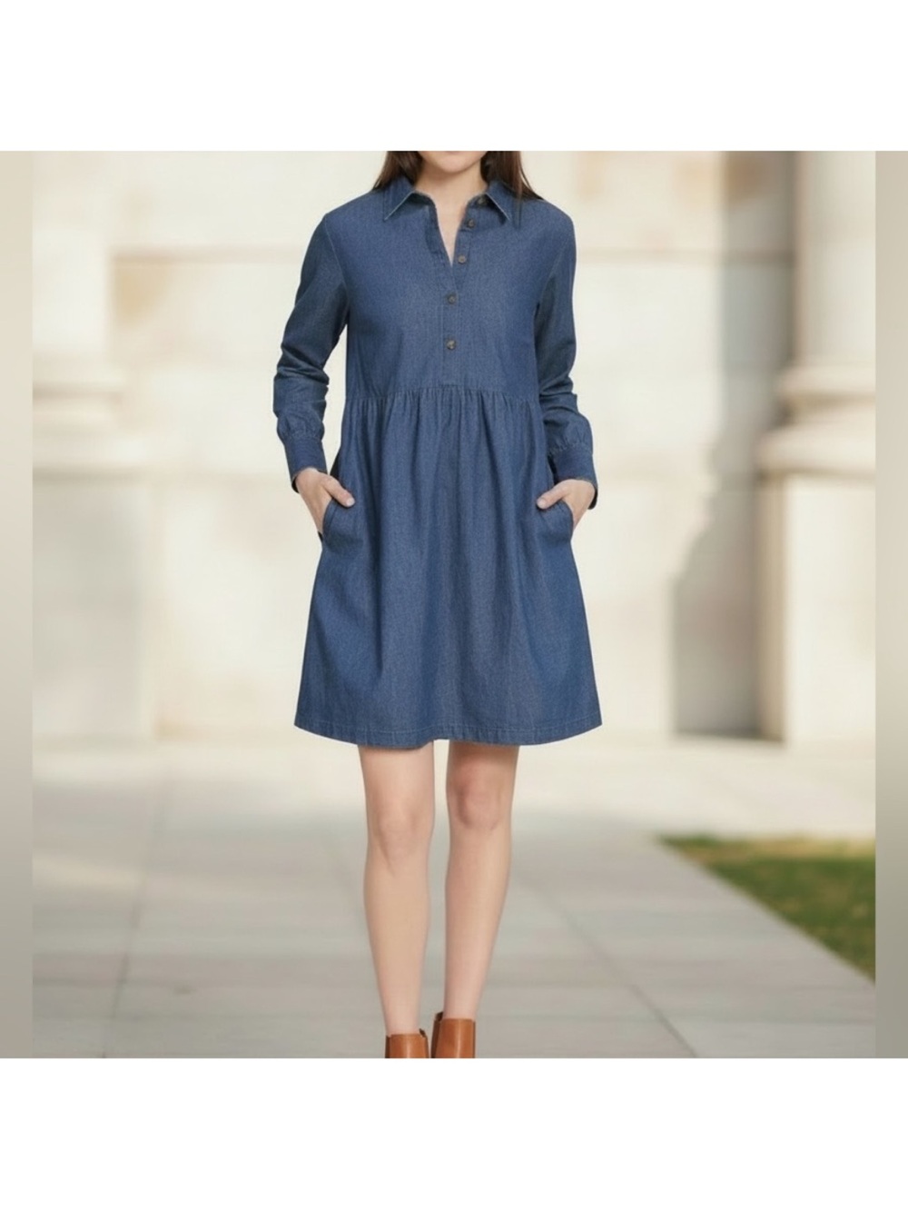 Nine West Blue Long-Sleeve Chambray Shirt Dress